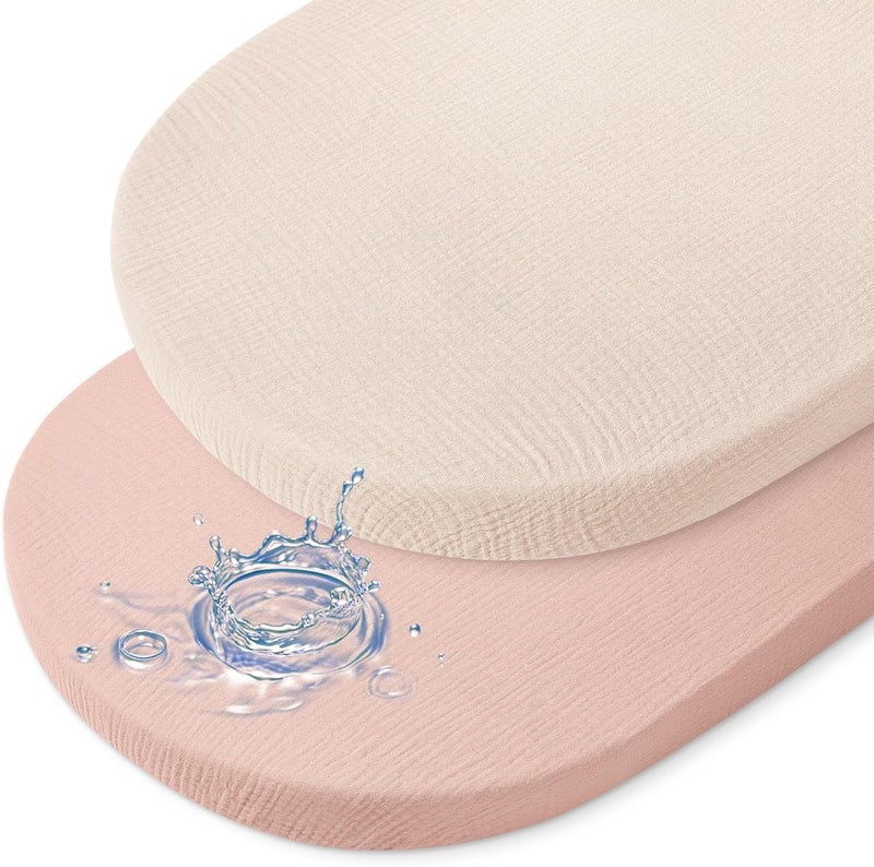 BeBeJoJo Baby Bassinet Sheets TPU Waterproof 2 Pack Soft Muslin Bedside Bassinet Mattress Sheets with Bottom Elastic Band for Baby Boy Girls Unisex Fit Hourglass Oval and Rectangle, Pink Beige - Image 1